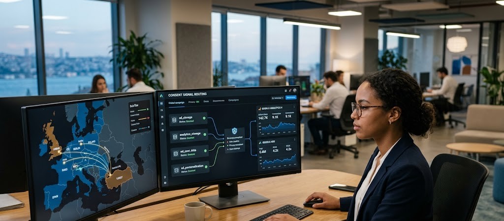 Google Consent Mode V2 dashboard connecting consent signals with GA4 and Google Ads for Turkish brands.