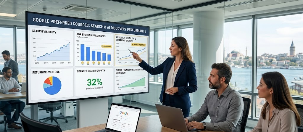 Marketing team analysing Google Preferred Sources clicks, Top Stories visibility and AI search performance.