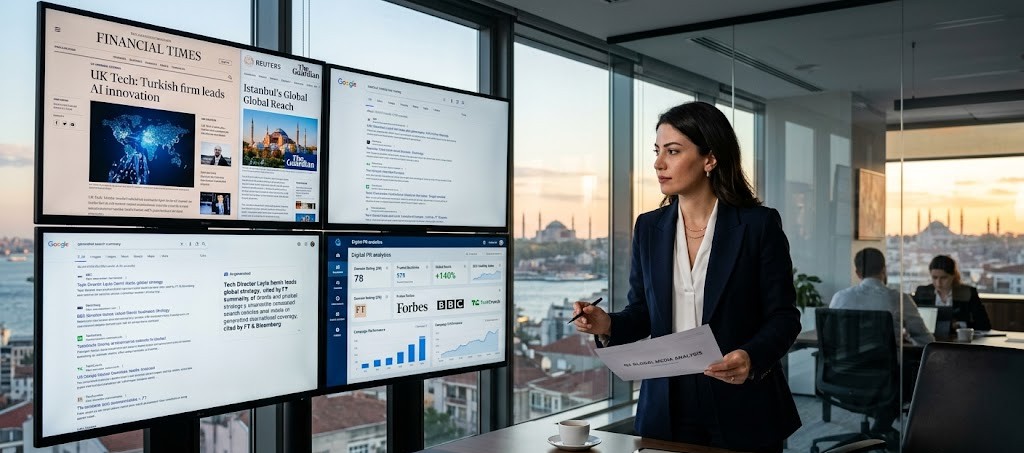 Marketing executive reviewing international media coverage, backlinks and AI search citations for a Turkish brand.