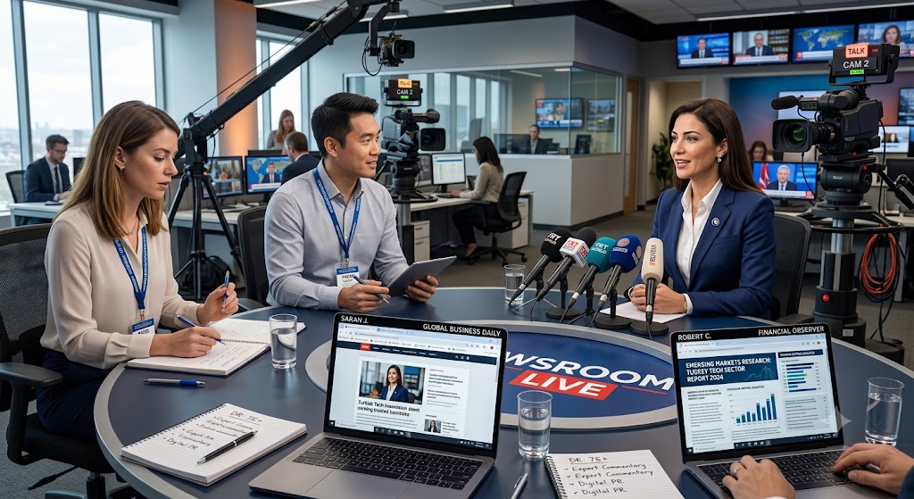 Business leader giving an expert interview to journalists for Digital PR and editorial media coverage.