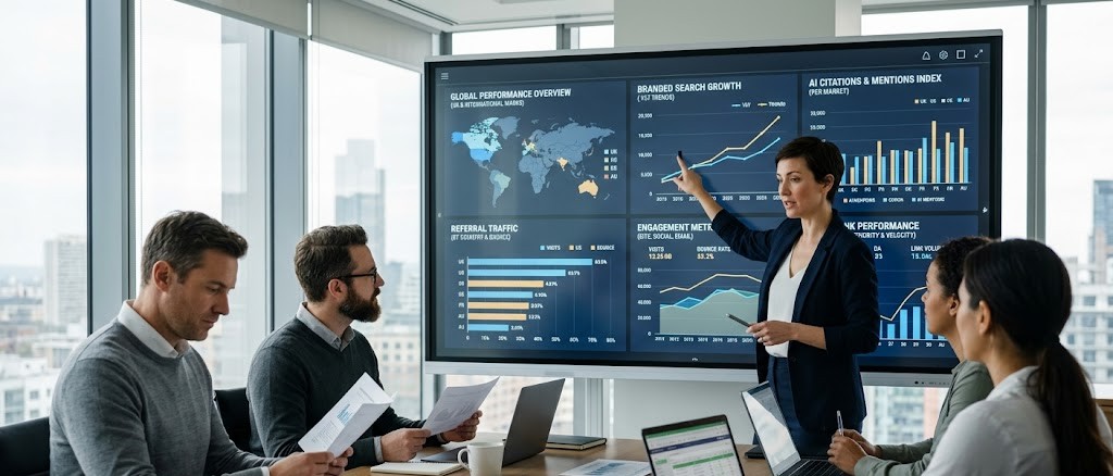 Marketing team measuring backlink performance, referral traffic and AI search visibility across global markets.